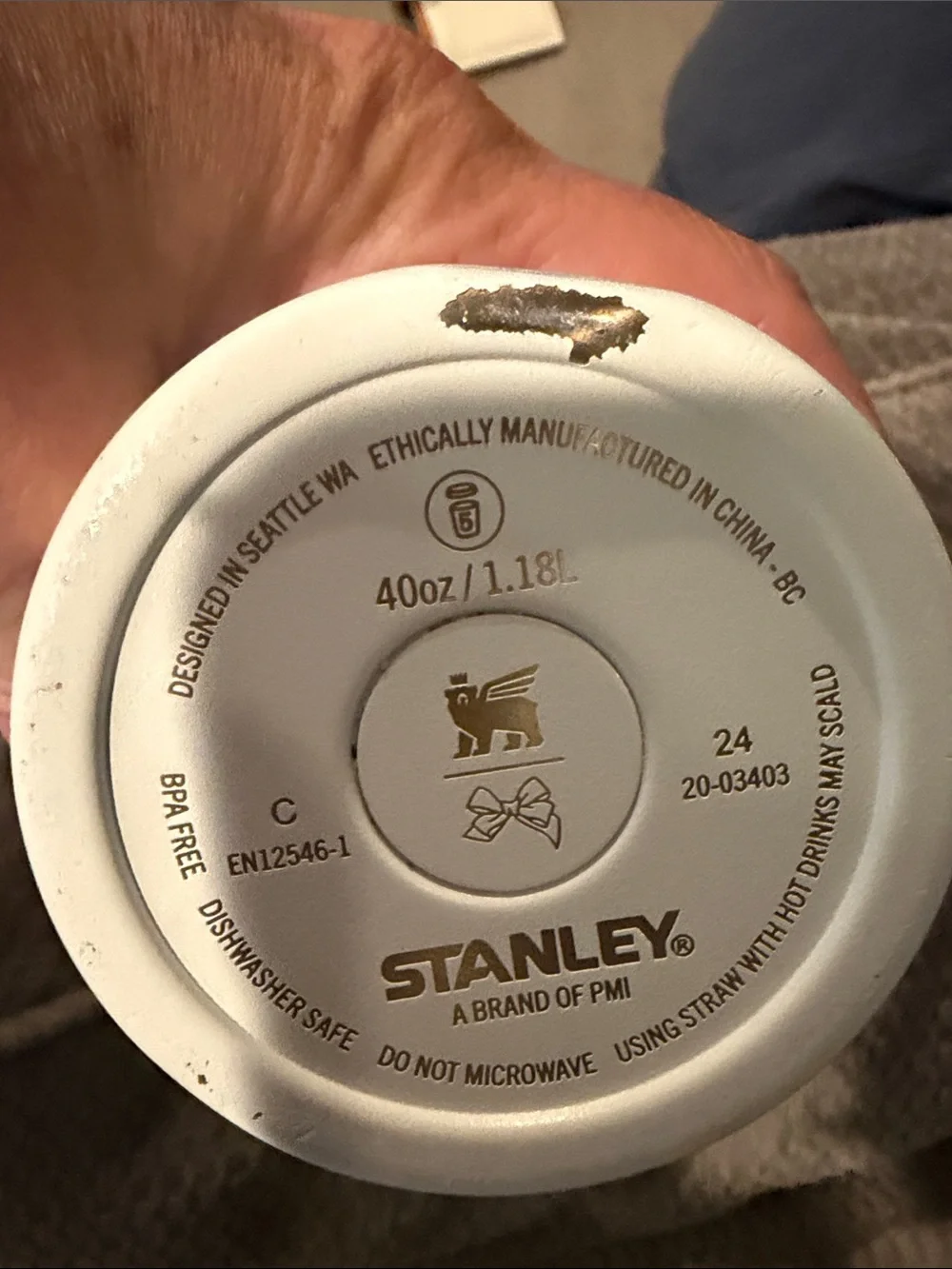 Stanley Cream Floral Travel Mug with Light Gray Handle and Gold Accent